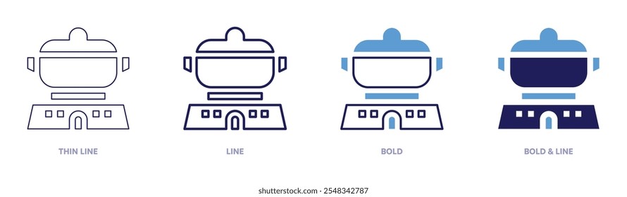Mini ícone de fogão em 4 estilos diferentes. Linha fina, Linha, Negrito e Linha Negrito. Estilo duotônico. Traçado editável.
