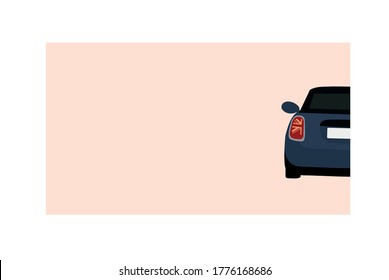 Mini cooper post card. Design for business cards. Cute blue car on pink background. Design  for a car service station, a car store, car wask. Picture for souvenirs.