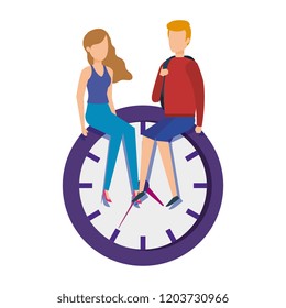 mini couple sitting in time clock
