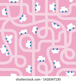 Mini Cute Cars Highway. Seamless Pattern.