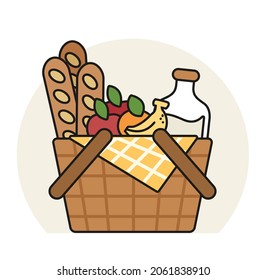 Mini cute picnic basket full of foods, such as Baguette, milk and fruits. Graphic element for decoration, print, banner. Concept of leisure, lifestyle, picnic, relaxation. Flat vector illustration.