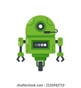 Mini Cyborg, Carácter Ai Robot. Inteligencia Artificial Bot Verde con Ojo brillante, Micrófono, Rueda y Cuchillas. Computadora electrónica inteligente aislada, máquina futurista. Ilustración del vector de dibujos animados