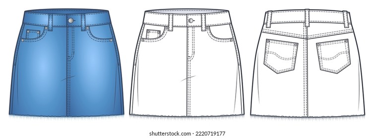 Mini Denim Skirt technische Modegrafik, blaues Design. Jeans-Rock mit rohen Haaren, mittlere Taille, Vorderansicht, Rückansicht, Weiß, Frauen CAD-Mock-Set. 