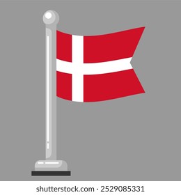 Mini Denmark Flag Illustration Waving on Flagpole Isolated on Gray Background. Flat Style Icon or Symbol. Editable and Scalable EPS Vector Design for Graphic Elements and Print