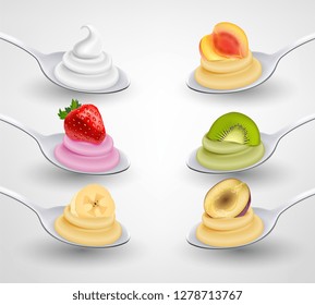 Mini desserts served on spoon appetizing realistic set with strawberry banana kiwi apricot flavored cream vector illustration