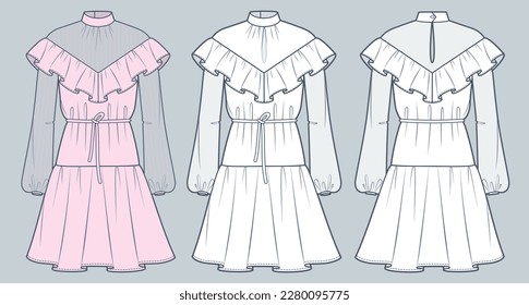Mini Dress with sheer details technical fashion illustration. Ruffled Dress fashion technical drawing template, long sleeve, collar, oversize, front and back view, white, pink, women CAD mockup set.