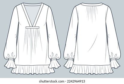 Mini Dress technical fashion illustration.  Ruffled Dress fashion flat technical drawing template, frill details, long sleeve, v neck, oversize, front and back view, white color, women CAD mockup.