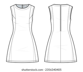 Mini Dress technical fashion illustration. Mini Dress vector template illustration. A-line dress style, slim fit, sleeveless, front and back view. white color. CAD mockup.