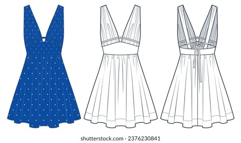 Mini vestido de moda técnica Ilustración, desidencia polka-dot. Vestido V-Cuello Moda plancha de dibujo técnico plano, drapeada, corbata, sin mangas, cremallera, frontal, retrovista, blanco, azul, mujer conjunto de maquillaje CAD.