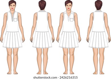 Mini Dress technical fashion illustration. Jersey Dress fashion flat technical drawing template, pleated, ribbed waistband, zipper closure, front, back view, white, CAD mockup