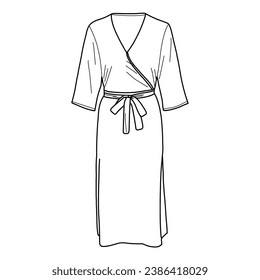 Mini dress v-neck technical illustration. Long sleeve dress v-neck sketch template.