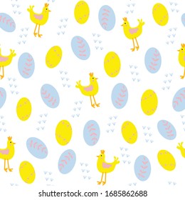 Mini easter eggs and chickens seamless pattern on a white background