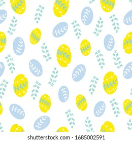 Mini easter eggs with leaves seamless pattern on a white background