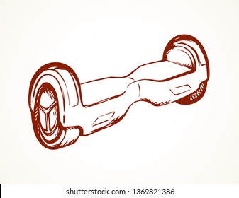 Mini eco auto gyroboard design on road backdrop. Outline black hand drawn rider hoverboard object logo pictogram sketchy in modern art doodle cartoon style on paper space for text. Closeup gyroscooter