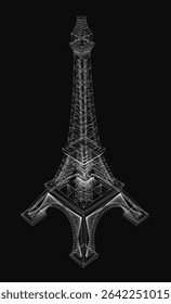 Mini Eiffel Tower 3D model stands out against a black background, showcasing intricate architectural details with sharp contrast. The dark backdrop enhances the metallic structure, creating a.