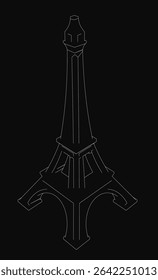 Mini Eiffel Tower sketched in black and white, standing boldly against a dark background with clean lines and simple elegance. The iconic Parisian landmark is rendered in a minimalist style,.