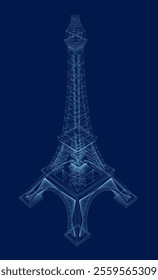 Mini Eiffel Tower wireframe. Isometric view. Eiffel tower isolated on blue background. 3D. Vector illustration