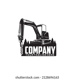 mini excavator drill and pine trees logo