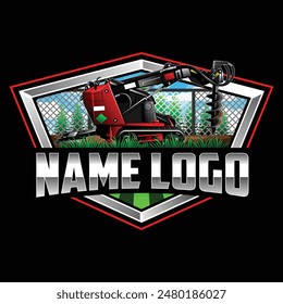 Mini excavator drill and pine trees logo. Skid steer drilling logo. Fence logo design. Landscaping wooden fence vector.  drilling with Fence vector