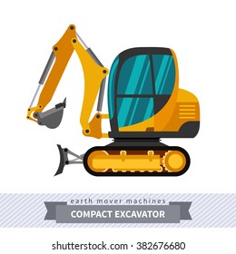 Mini excavator. Heavy equipment vehicle isolated color vector illustration.