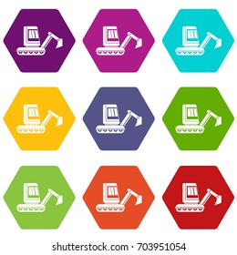 Mini excavator icon set many color hexahedron isolated on white vector illustration