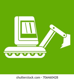 Mini excavator icon white isolated on green background. Vector illustration