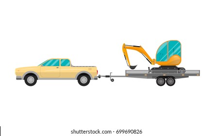 Mini excavator located on trailer with a car. Mini excavator to transport. Vector illustration isolated on white background