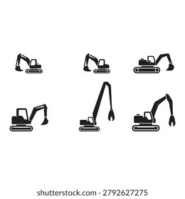 Mini Excavator Machinery Icon Set Compact excavation equipment for construction projects.