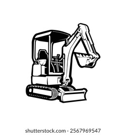 Mini excavator monochrome vector art isolated in white background