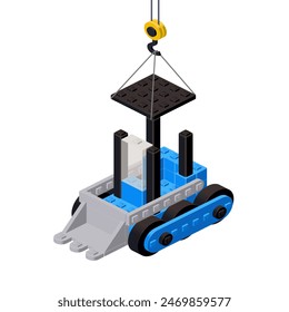 Mini excavator production concept on white background. Vector
