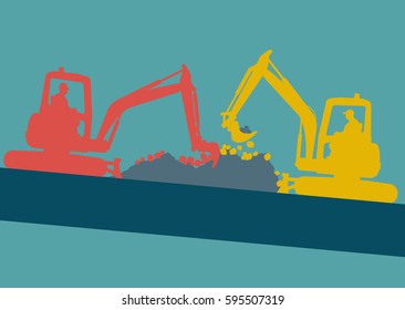 Mini excavator with worker inside cabin working in construction site vector background