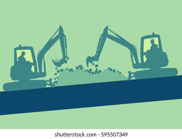 Mini excavator with worker inside cabin working in construction site vector background
