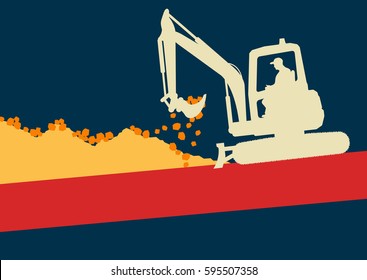 Mini excavator with worker inside cabin working in construction site vector background