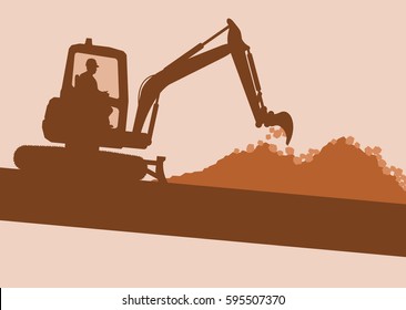 Mini excavator with worker inside cabin working in construction site vector background