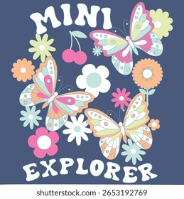 Mini explorador, design de padrão com frutas bonitas, borboleta e flores, desenho de frutas de cereja como vetor em fundo base mais escura para impressão têxtil gráfica e papel de parede meninas etc.