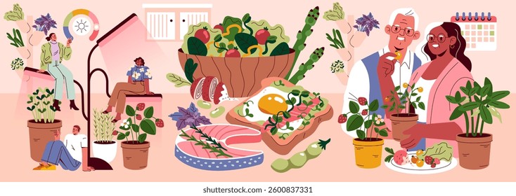 Mini Farms concept. Emphasizing urban gardening and healthy eating practices within a community. Illustrates people growing their own food, sharing meals, and nurturing plants at home. Vector
