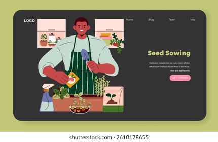 Mini Farms concept. Engaging illustration of seed sowing in a nurturing environment. Shows a gardener actively planting seeds, showcasing the joy of home gardening and sustainable practices. Vector