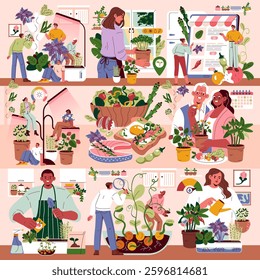 Mini Farms concept. A vibrant and engaging illustration showcasing diverse individuals tending to plants and vegetables in various home environments. It emphasizes sustainable living and gardening