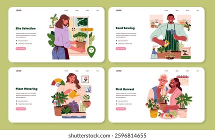 Mini Farms illustration. Explores the journey of nurturing plants from selection to harvest. Focuses on planting techniques, proper watering, and community engagement in gardening. Vector illustration