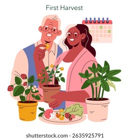 Mini farms promote sustainability and healthy living through home gardening. The joy of harvest is celebrated as diverse plants yield fresh produce, uniting community and environment. Vector