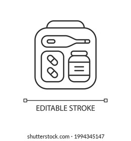 Mini first aid kit linear icon. Emergency bag with medication for trip. Essential for tourist. Thin line customizable illustration. Contour symbol. Vector isolated outline drawing. Editable stroke