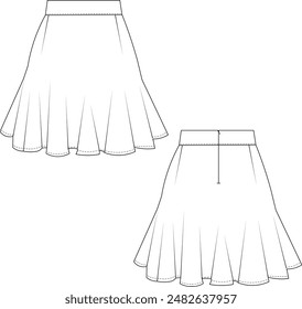 mini flared a line frilly skirt technical drawing flat sketch template cad mockup fashion woman
