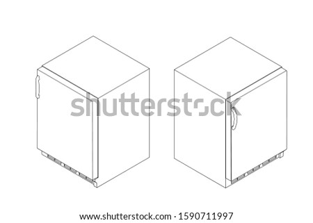 Mini freezer. Vector outline illustration. Isometric projection.
