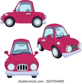 Mini Fushia Car Vector prop Illustration With Different Angles Art Side Isometric Front Cartoon Transportation 