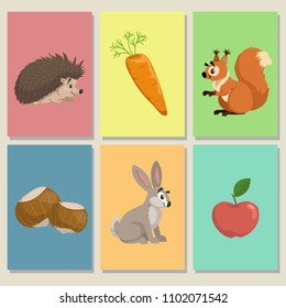 Mini game cards. Cute animals and their food. Hedgehog, apple, squirrel and hazelnuts, hare (bunny) and carrot. Educational illustrations of forest animals. Vector pictures.
