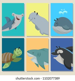 Mini game cards with cute cartoon sea animals. hammer head fish, beluga whale, whale, sea turtle, shark and killer whale. Education puzzle for kids. Vector illustrations.