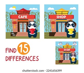 Mini game for children. Find 15 differences. Cute panda near Japanese cafe