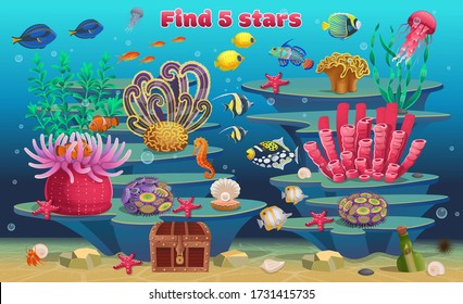 A mini game for children. Find 5 stars. Background of coral reef with algae tropical fish and marine animals. Vector illustration in cartoon style.