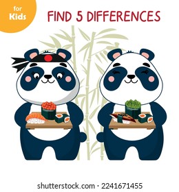 Mini game for children. Find 5 differences in pictures for kids. Junior school age. Cute panda wants to eat sushi. Notebook of activity, entertainment, learning