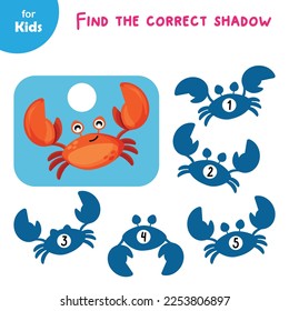 Mini game for children. find the correct shadow for the crab. learning, fun